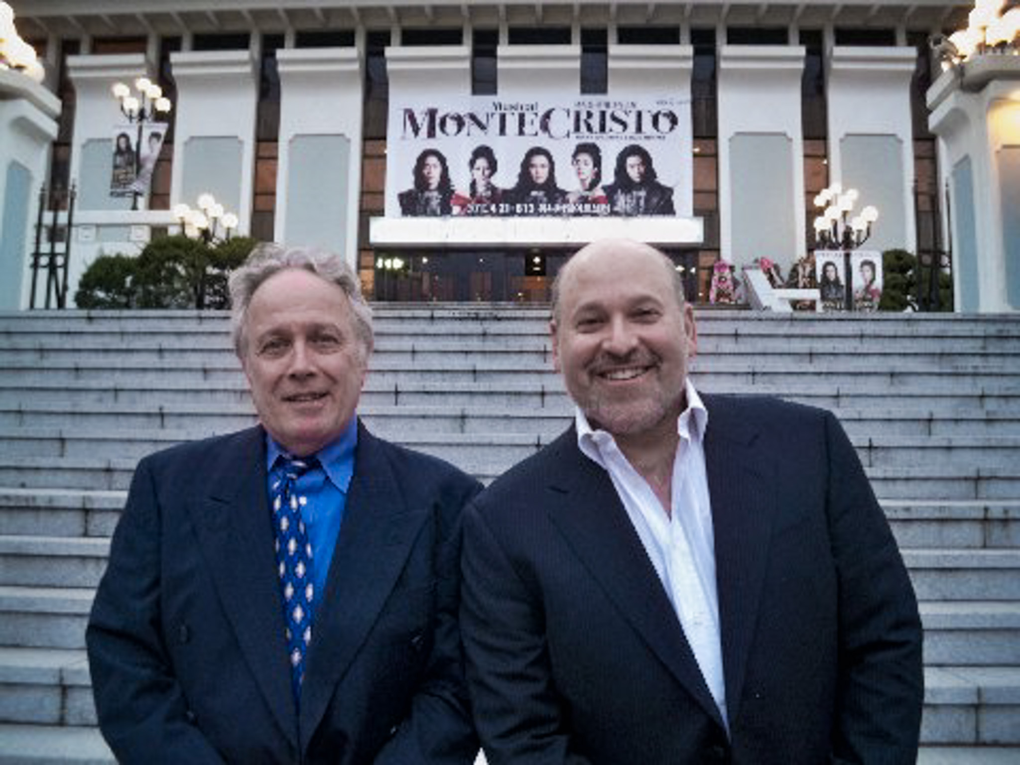 Jack Murphy and Frank Wildhorn outside during Count of Monte Cristo production